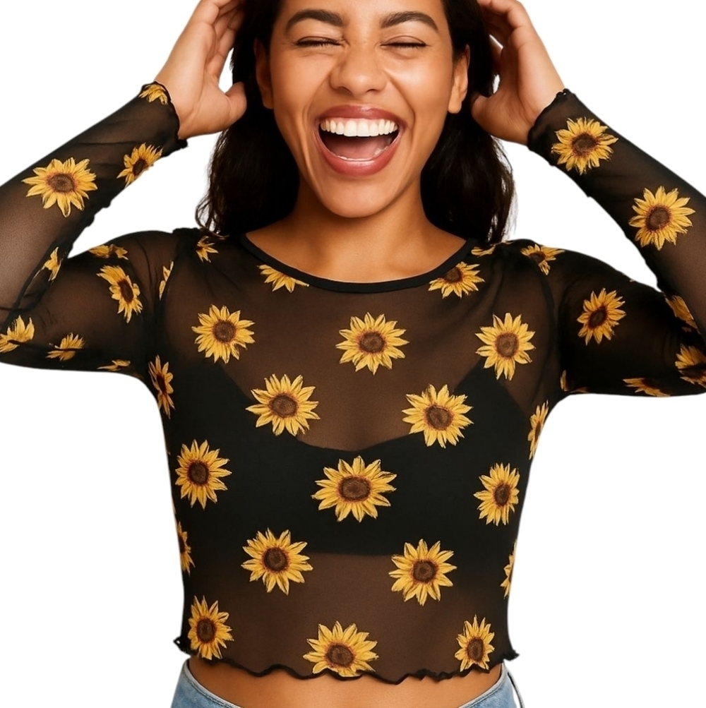 Unbranded Black Sunflower Mesh Long Sleeve Crop Top Lettuce Trim Size XS